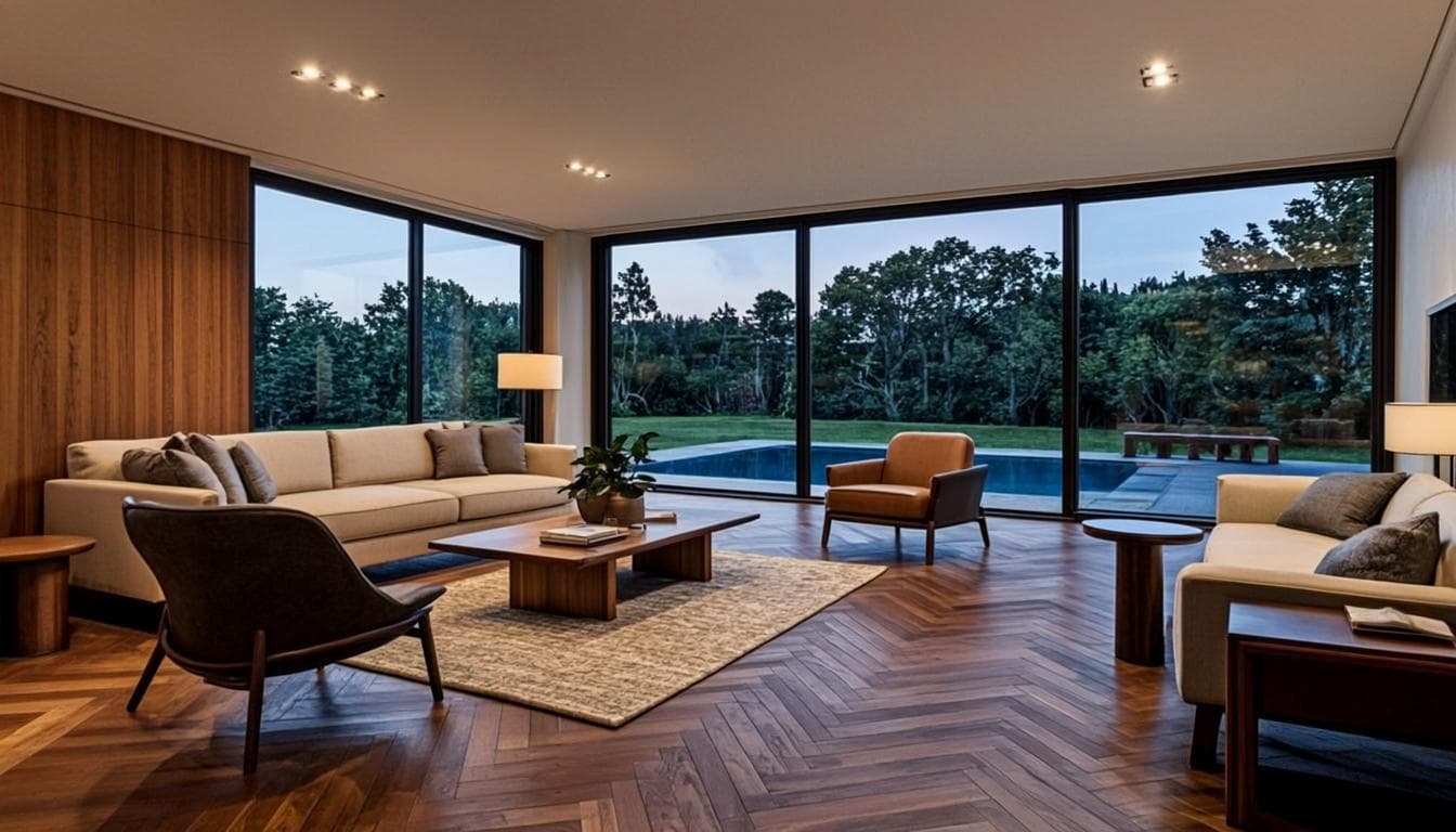 Dark walnut stained oak herringbone floor in a sophisticated modern living room