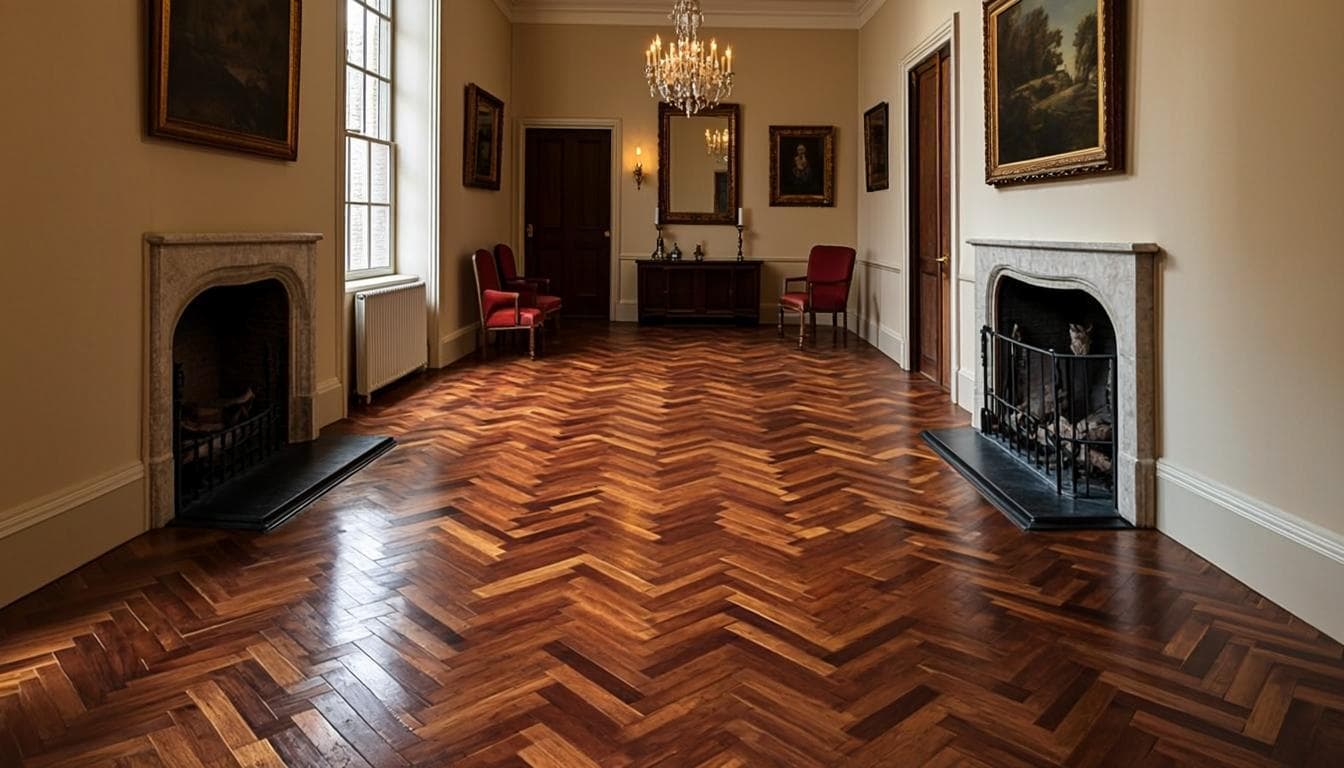 Restored dark espresso stained herringbone parquet floor in an elegant period hallway