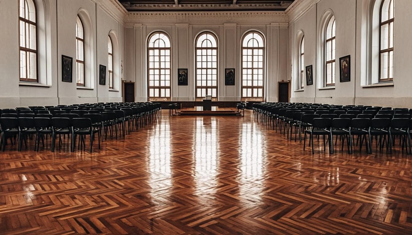 Newly restored herringbone parquet floor in a historic school assembly hall