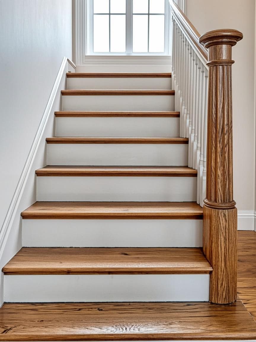 Restored wooden staircase with natural oak treads and white painted risers