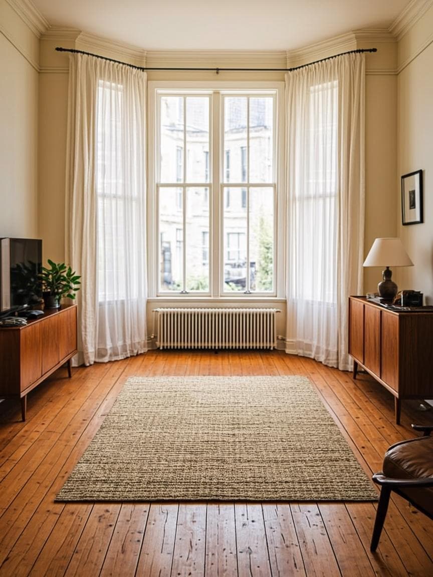 Restored original Victorian pine floorboards in a bright London terrace living room