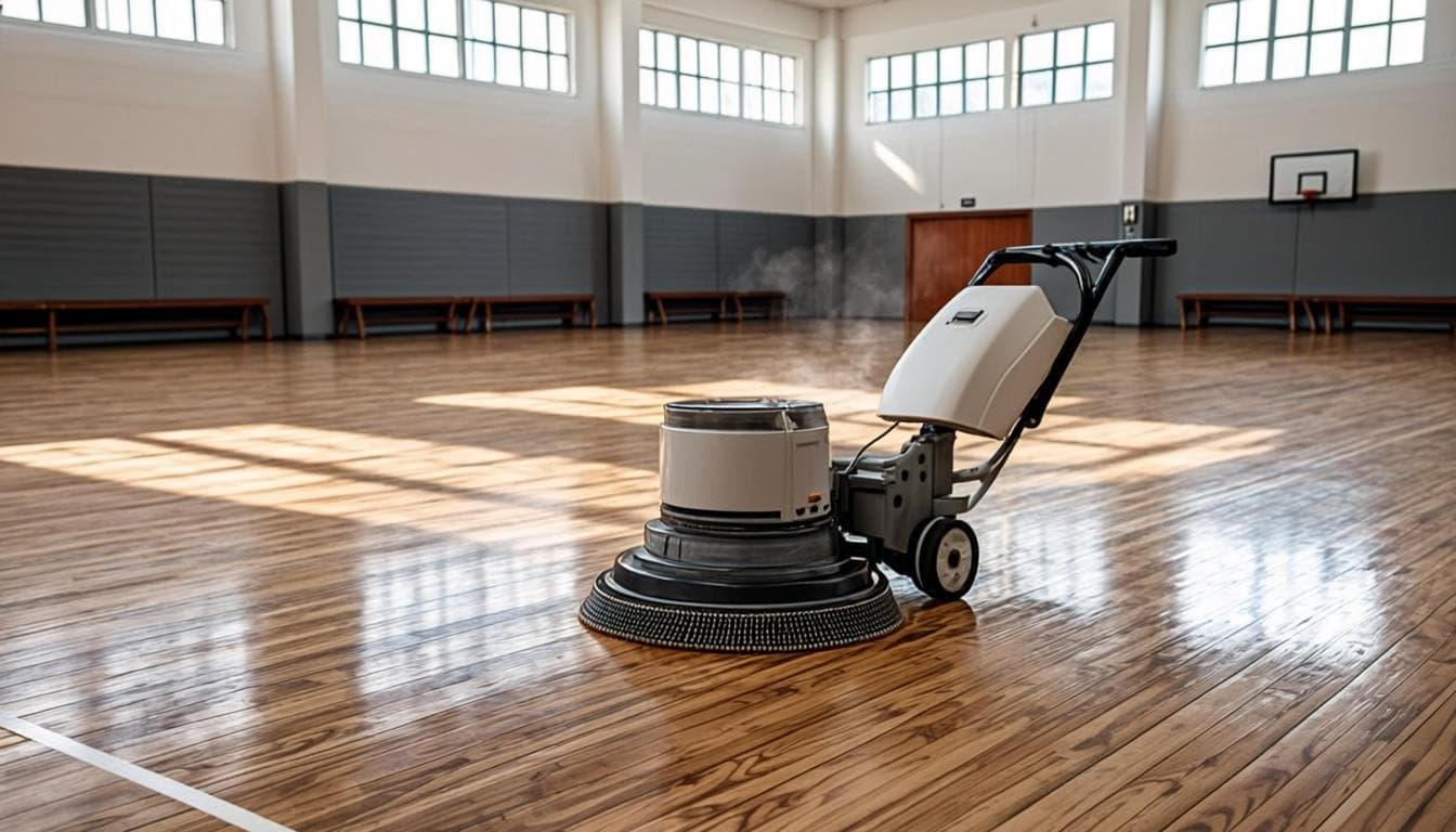 Vast school gymnasium hall with a newly sanded and sealed maple sports floor being buffed