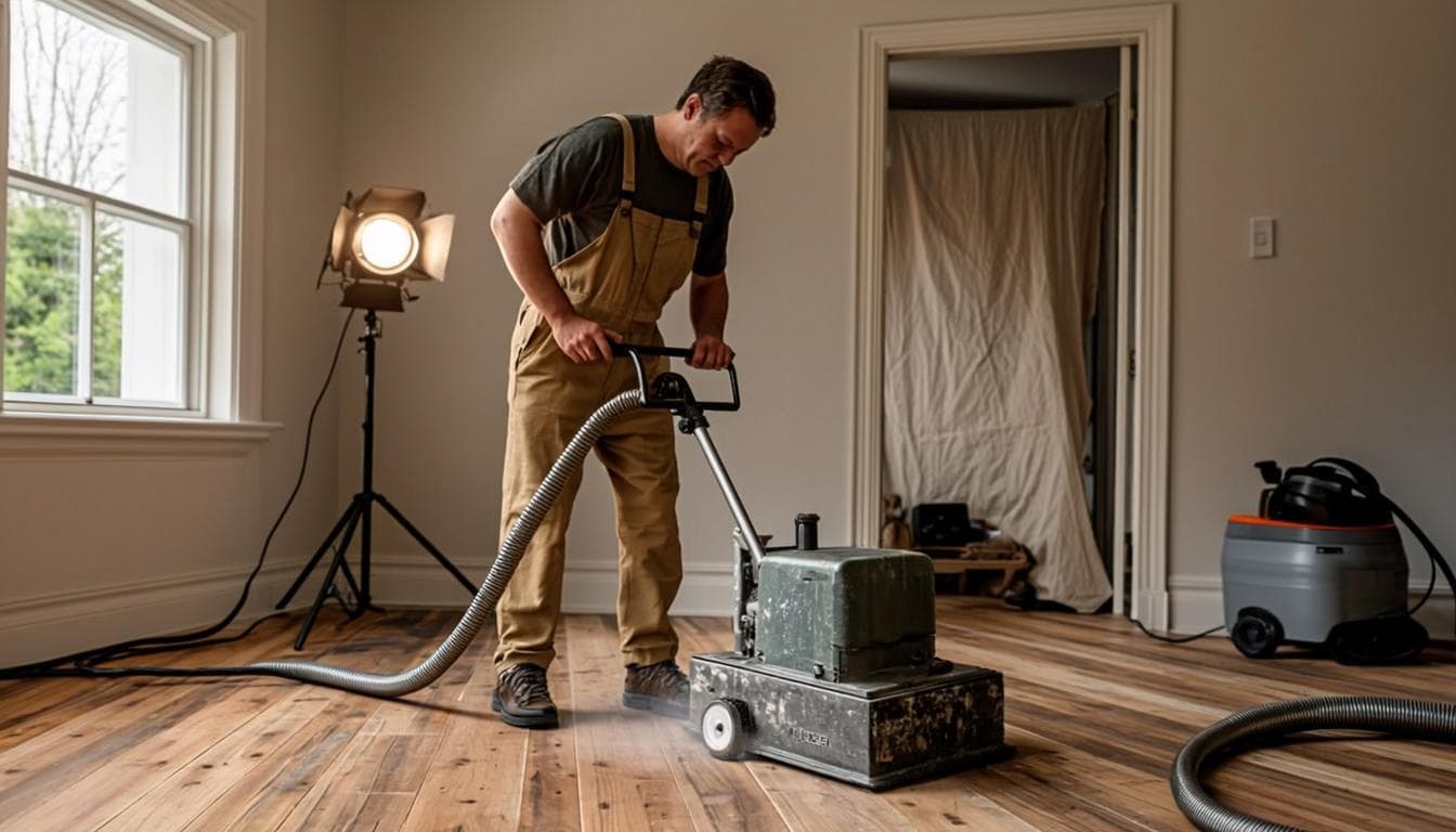 Craftsman operating a dust-extracted floor sanding machine on pine floorboards during a Victorian house restoration