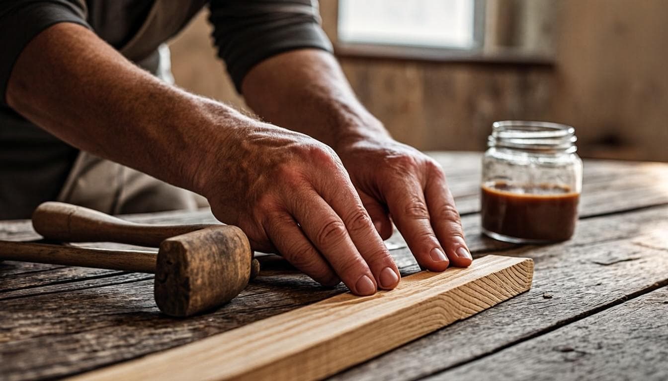 Close-up of a craftsman's hands inserting reclaimed pine slivers into gaps between old floorboards