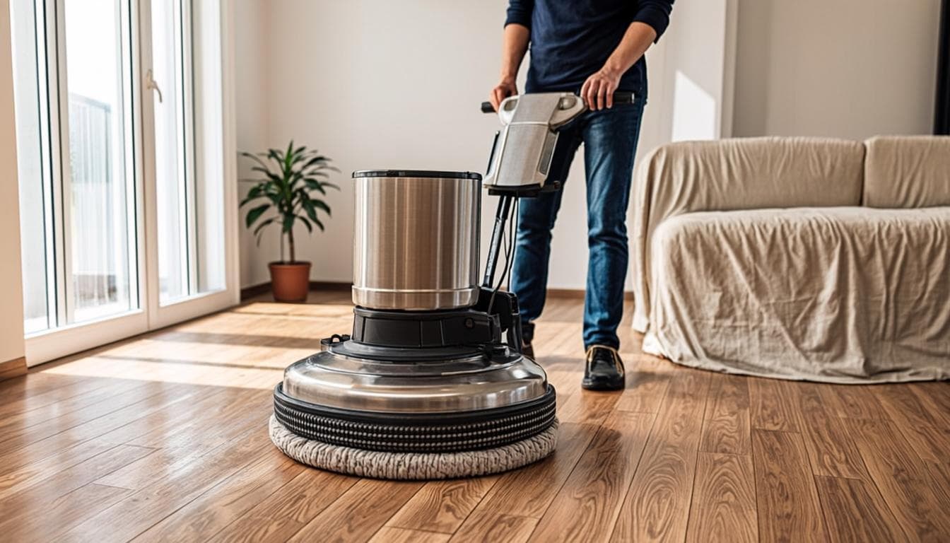 Craftsman screening a light oak floor with a rotary buffing machine in a bright living room, preparing it for a fresh coat of finish