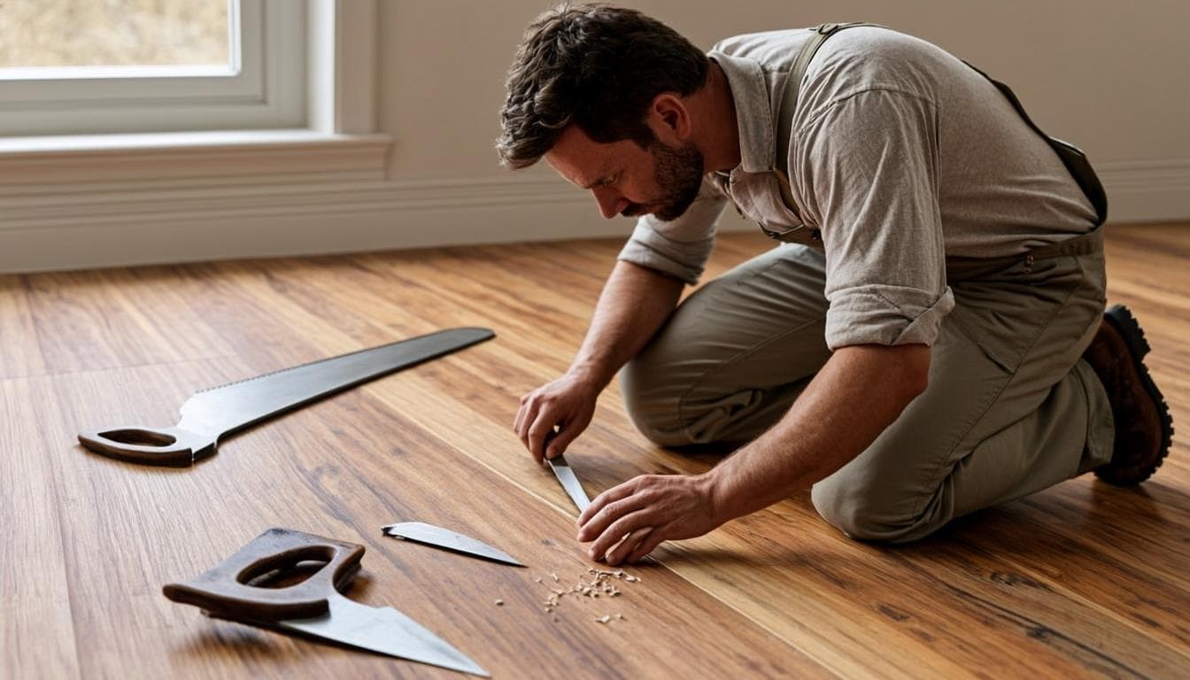 Carpenter replacing a damaged oak floorboard with new matched timber during a floor repair