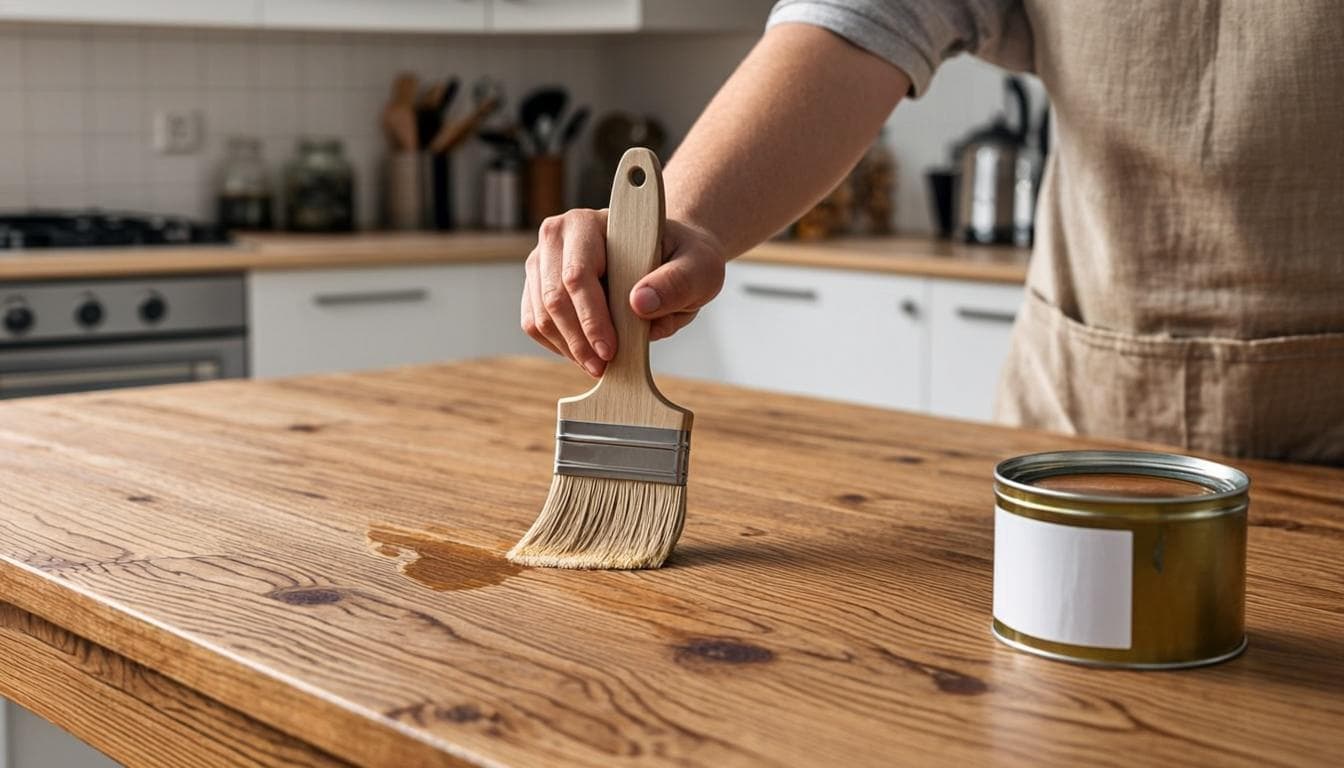 Craftsman hand-oiling a solid oak kitchen worktop with a natural bristle brush