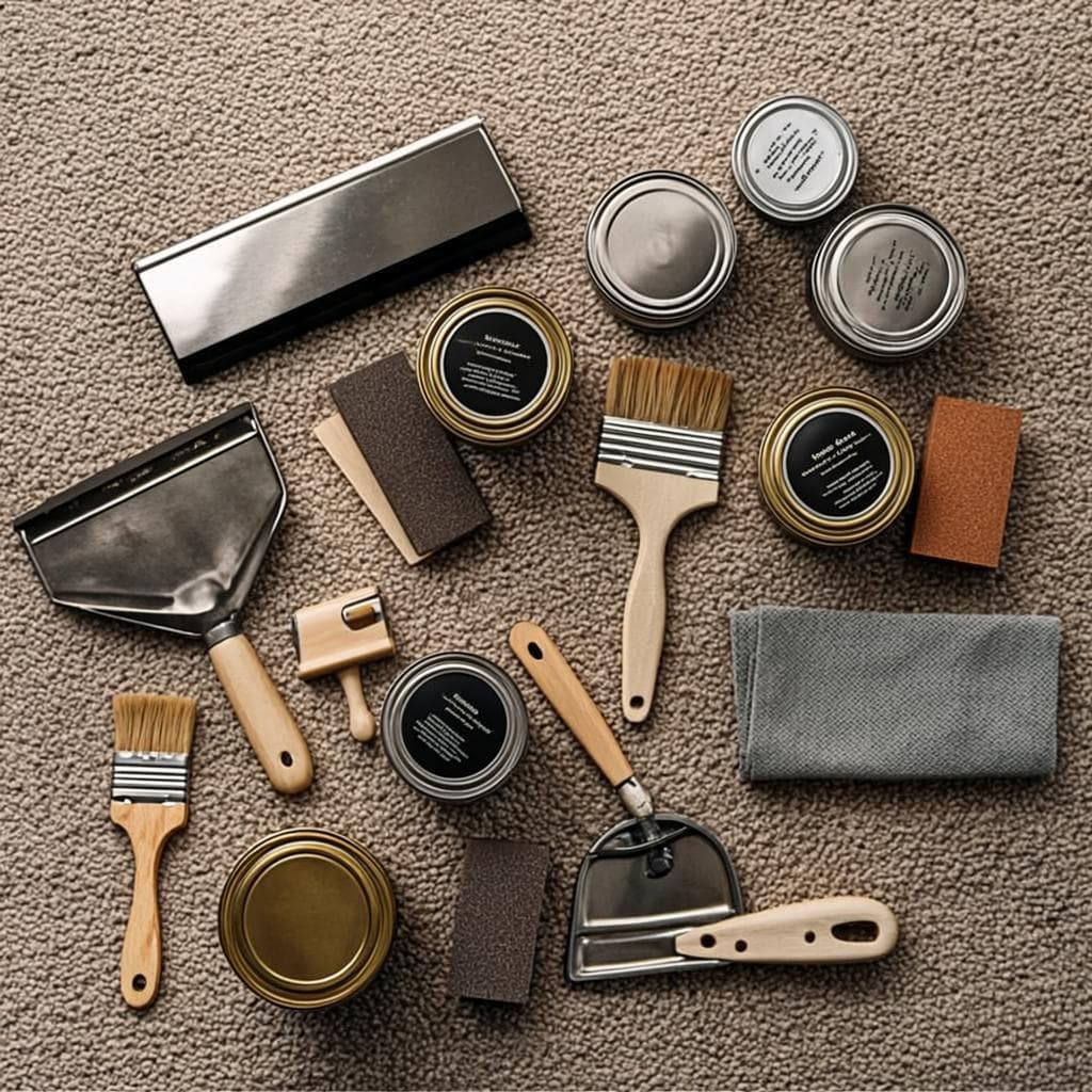 OAK & GRAIN craftsman's tools neatly arranged: scrapers, sanding blocks, brushes and tins of hardwax oil